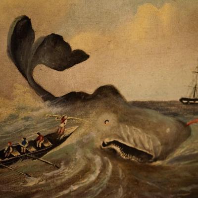 ANTIQUE PRIMITIVE STYLE UNFRAMED OIL ON CANVAS OF WHALE HUNT