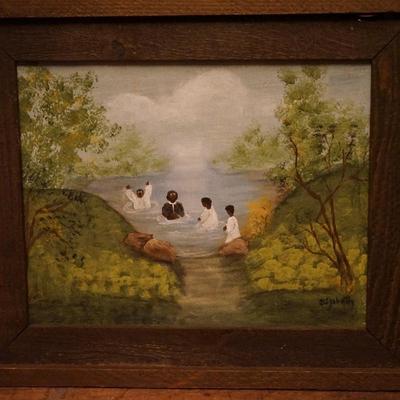 2OTH CENTURY STYLE OIL ON BOARD SIGNED ELIZABETH BAPTISM IN THE SOUTH