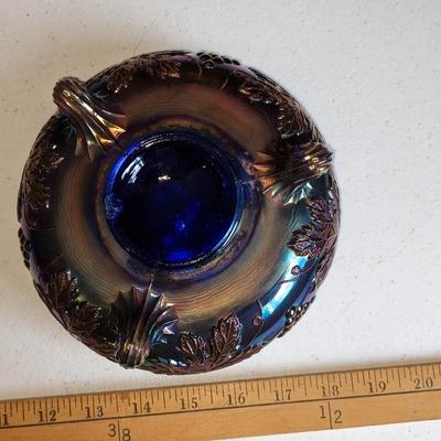 Antique Cobalt Blue Iridescent Carnival Glass Footed Bowl Grape Leaf And Cable