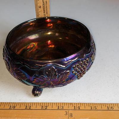 Antique Cobalt Blue Iridescent Carnival Glass Footed Bowl Grape Leaf And Cable