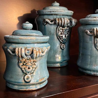 Set Of Three Blue Ceramic Canisters (FR-RG)