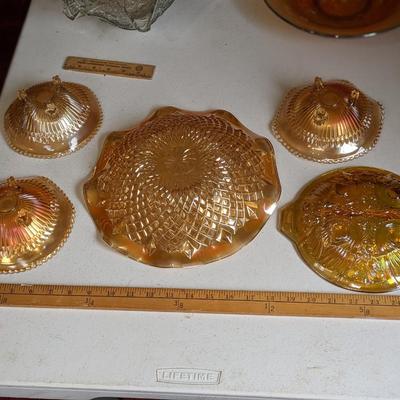 Variety Lot with Vintage Sowerby Marigold Carnival Glass Ruffled Low Bowl - Diamond & Pinwheel