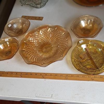 Variety Lot with Vintage Sowerby Marigold Carnival Glass Ruffled Low Bowl - Diamond & Pinwheel