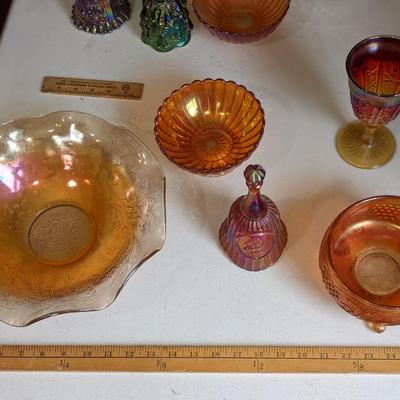 Amber Carnival, Fenton Carnival Bell, Iridescent Goblet and Bowl