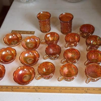 Brilliant Marigold Orange Cups, Bowls, Tumblers Carnival Glass Set
