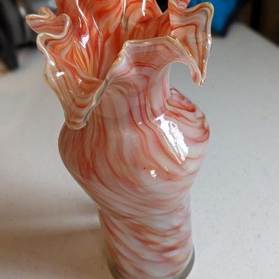 Beautiful Hand-Blown Art Glass Vase - White & Dark Amber with Ruffled Rim