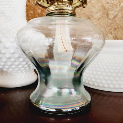 BEAUTIFUL IRIDESCENT GLASS OIL LAMP