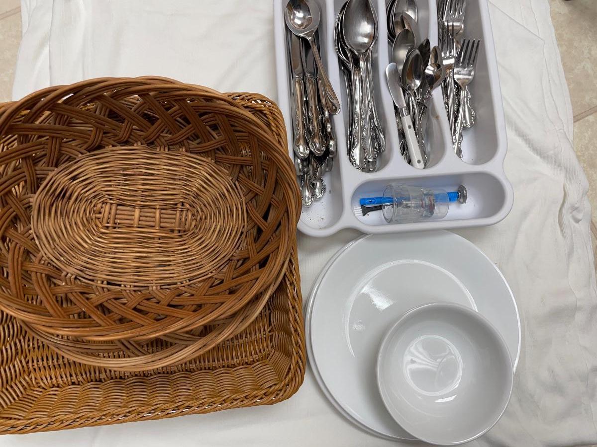 Silverware, baskets & corelle dishes