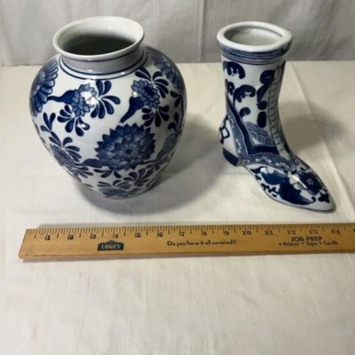 The Canton Collection Blue White Granny Boot Shoe Vase Ceramic Pottery Planter & Vintage Chinese Vase