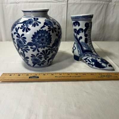 The Canton Collection Blue White Granny Boot Shoe Vase Ceramic Pottery Planter & Vintage Chinese Vase