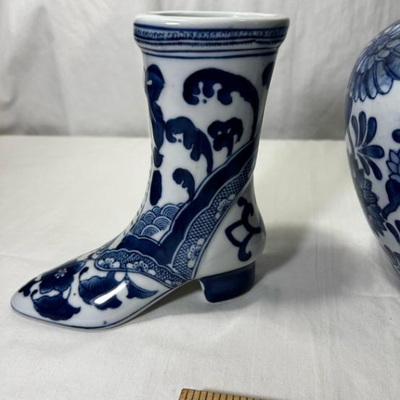 The Canton Collection Blue White Granny Boot Shoe Vase Ceramic Pottery Planter & Vintage Chinese Vase
