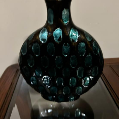 Aqua Blue & Dark Taupe (Peacock) Metallic Dotted Ceramic Vase