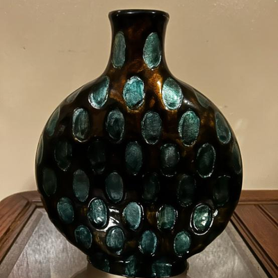 Aqua Blue & Dark Taupe (Peacock) Metallic Dotted Ceramic Vase