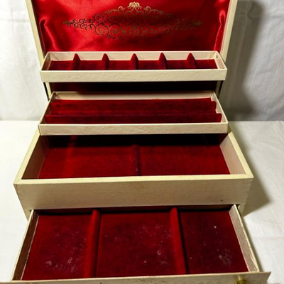 Vintage Lady Buxton Jewelry Box, 3 Tiered Jewelry Box, Ivory Leatherette with Red Velveteen