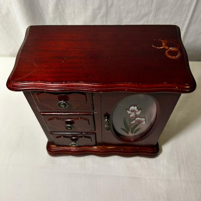 Small Wooden Jewelry Box 3 Drawer 1 Door Flowers Glass W Mirror Pink Lining