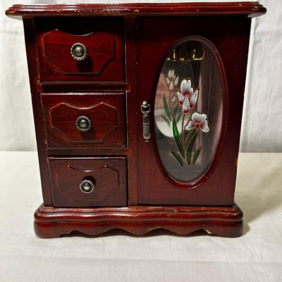 Small Wooden Jewelry Box 3 Drawer 1 Door Flowers Glass W Mirror Pink Lining