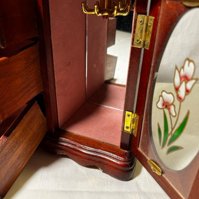 Small Wooden Jewelry Box 3 Drawer 1 Door Flowers Glass W Mirror Pink Lining