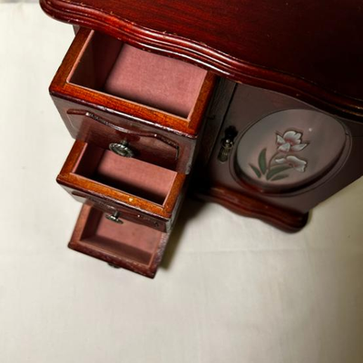 Small Wooden Jewelry Box 3 Drawer 1 Door Flowers Glass W Mirror Pink Lining