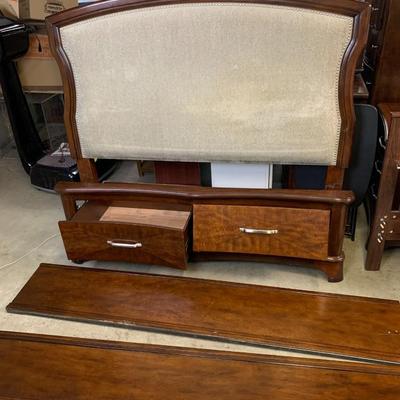 #1 Ashley Furniture Queen Cherry Wood Panel Bed With Drawers and Upholstered Panel Headboard Dark Brown Finish