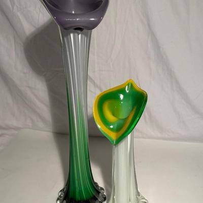 Two Hand-Made Blown Glass Floral Vases