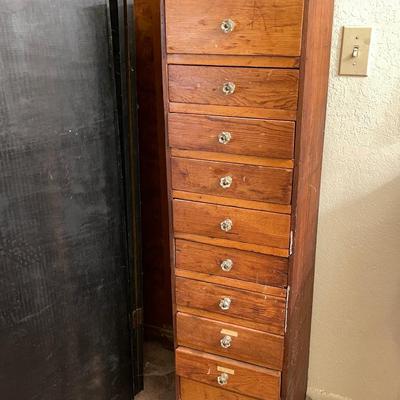 LOT 87 Primitive Narrow Wood Chest w/11 Drawers 12" Square Glass Knobs