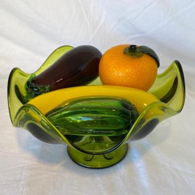 Green Depression Glass Bowl with Glass Art Fruit and Vegetables