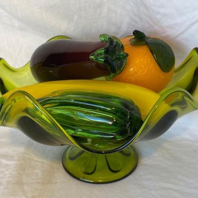 Green Depression Glass Bowl with Glass Art Fruit and Vegetables