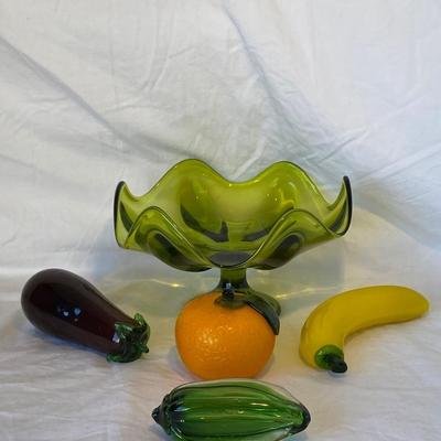 Green Depression Glass Bowl with Glass Art Fruit and Vegetables