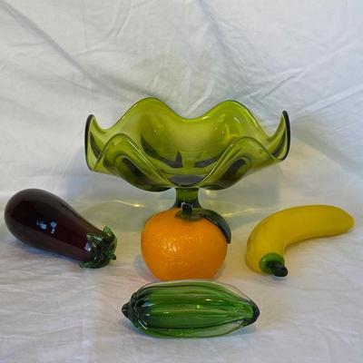 Green Depression Glass Bowl with Glass Art Fruit and Vegetables