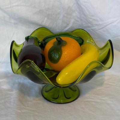 Green Depression Glass Bowl with Glass Art Fruit and Vegetables