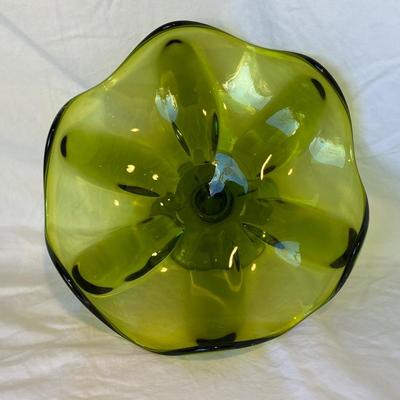 Green Depression Glass Bowl with Glass Art Fruit and Vegetables