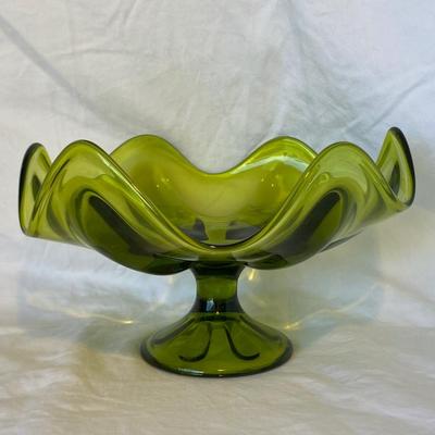 Green Depression Glass Bowl with Glass Art Fruit and Vegetables