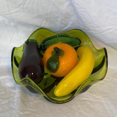 Green Depression Glass Bowl with Glass Art Fruit and Vegetables