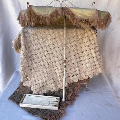 LOT 90 Antique Victorian Folding Parasol + Pair Elbow Length Kid Gloves + 2 Light Weight Shall