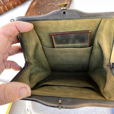 LOT 91 Antique Leather & Alligator Purses Arts Crafts Tooled Bag Croc Head Letter Opener