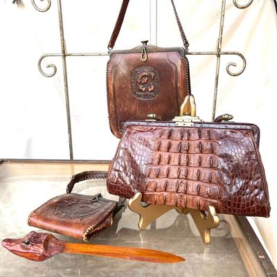 LOT 91 Antique Leather & Alligator Purses Arts Crafts Tooled Bag Croc Head Letter Opener
