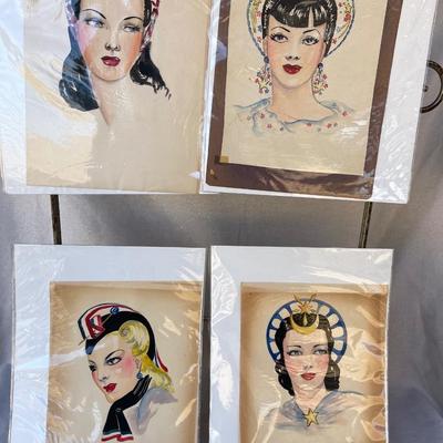 LOT 93 Watercolor Paintings 4 Women in 1940s Costumes 8x11