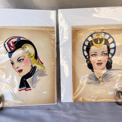 LOT 93 Watercolor Paintings 4 Women in 1940s Costumes 8x11