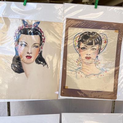 LOT 93 Watercolor Paintings 4 Women in 1940s Costumes 8x11