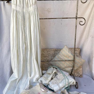 LOT 95 Antique Baby Cloths 1860's Christening Dress Cotton Tops, Bonnets Pillow Ticking +