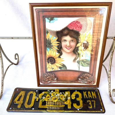 LOT 98 Framed Calendar Girl + 1937 Kansas License Plate Re-Painted