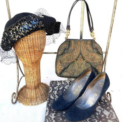LOT 99 Group From 1940s Hat Pumps Paisley Handbag & Lace Covered Box