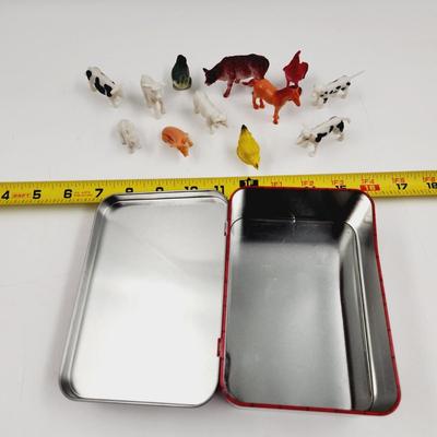 VINTAGE FARM ANIMALS AND MATCHING TIN