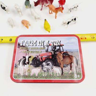 VINTAGE FARM ANIMALS AND MATCHING TIN