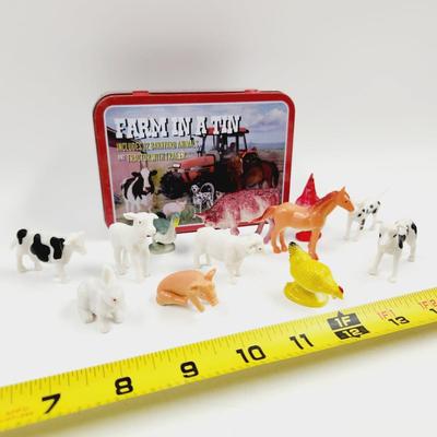 VINTAGE FARM ANIMALS AND MATCHING TIN