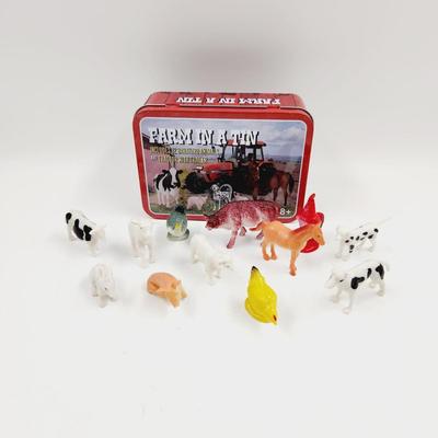 VINTAGE FARM ANIMALS AND MATCHING TIN