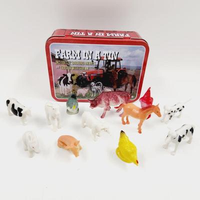 VINTAGE FARM ANIMALS AND MATCHING TIN