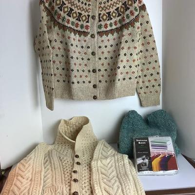 Lot 921 Lot of Three Womenâ€™s Hand Knit Wool Sweaters & Sweater Bags