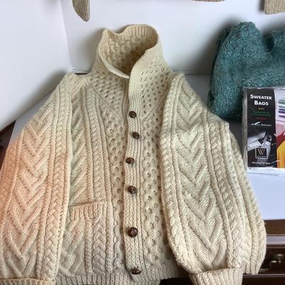 Lot 921 Lot of Three Womenâ€™s Hand Knit Wool Sweaters & Sweater Bags