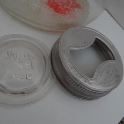 VINTAGE GLASS JUG AND GLASS CANNING LIDS